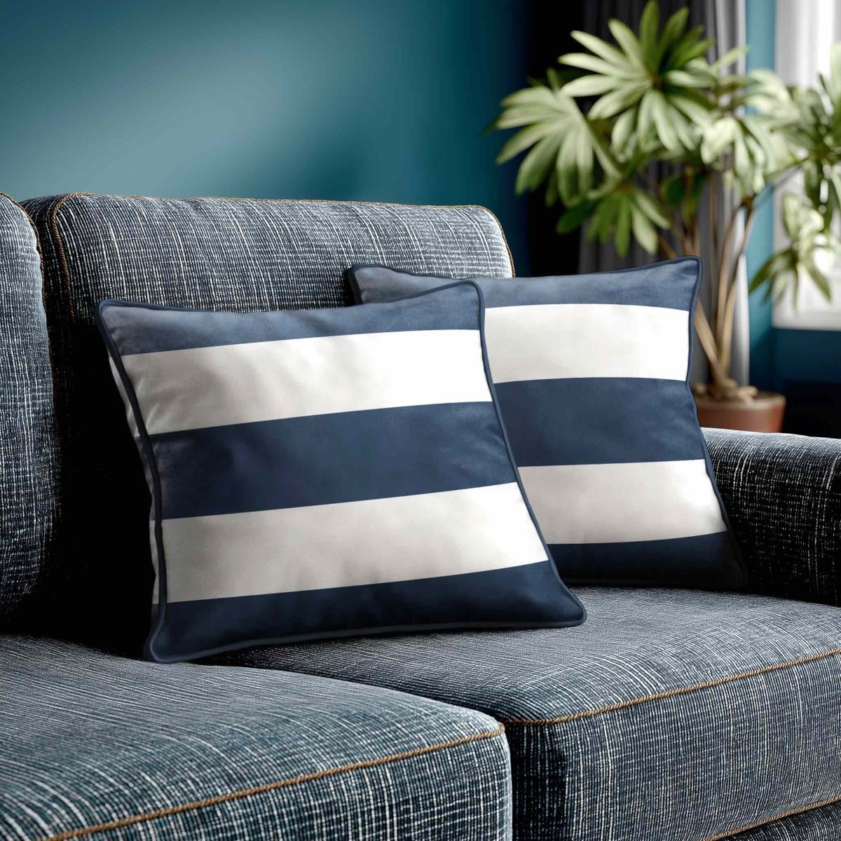 3 Stripes Horizontal | Sustainable Velvet Cushion with Piping - Petrol Blue 40 x 40 cm by Izabela Peters
