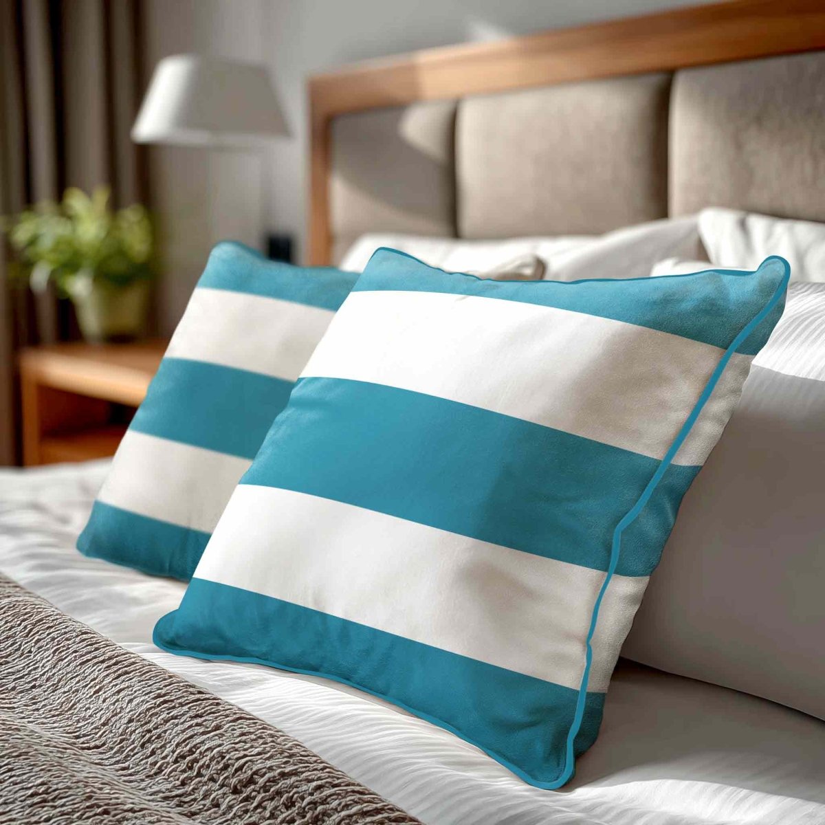 3 Stripes Horizontal | Sustainable Velvet Cushion with Piping - Prussian Blue 40 x 40 cm by Izabela Peters