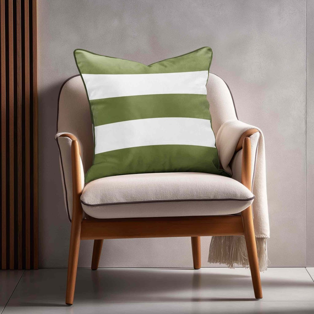 3 Stripes Horizontal | Sustainable Velvet Cushion with Piping - Sage 40 x 40 cm by Izabela Peters