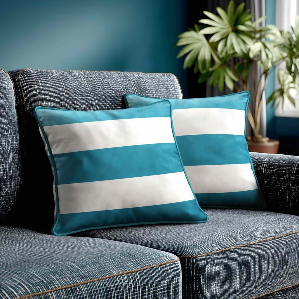 3 Stripes Horizontal | Sustainable Velvet Cushion with Piping - Prussian Blue 40 x 40 cm by Izabela Peters
