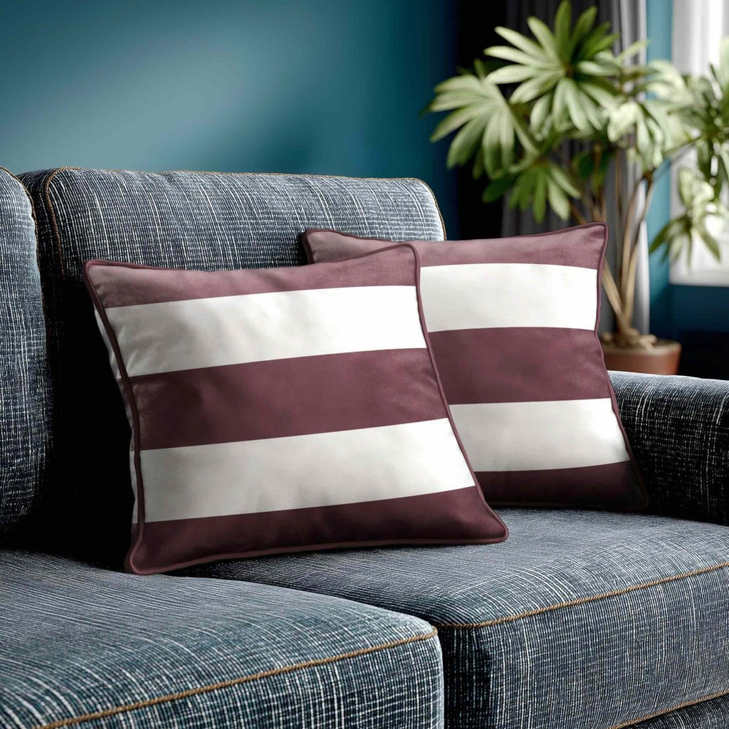 3 Stripes Horizontal | Sustainable Velvet Cushion with Piping - Italian Grape 40 x 40 cm by Izabela Peters