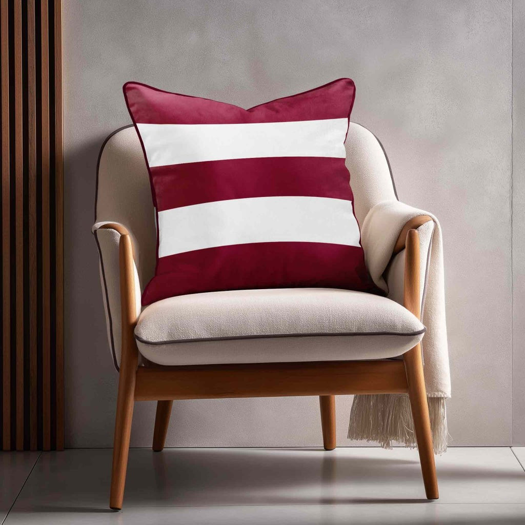 3 Stripes Horizontal | Sustainable Velvet Cushion with Piping - Raspberry Red 40 x 40 cm by Izabela Peters