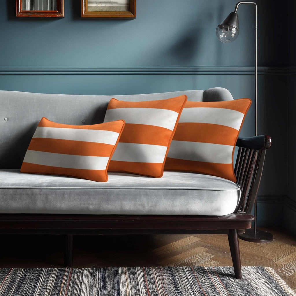 3 Stripes Horizontal with Piping | Sustainable Velvet Rectangle Cushion - Burnt Orange 50 x 30 cm by Izabela Peters