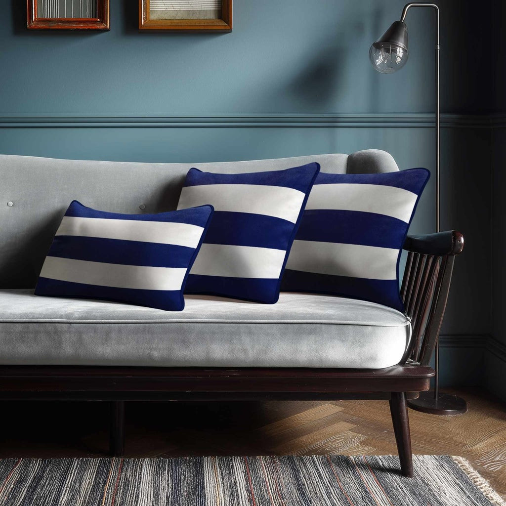 3 Stripes Horizontal with Piping | Sustainable Velvet Rectangle Cushion - Midnight 50 x 30 cm by Izabela Peters