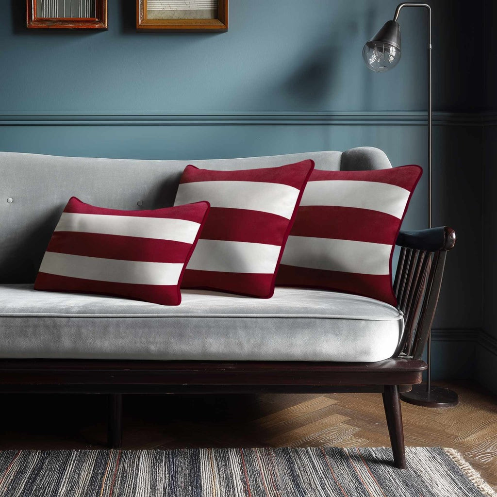 3 Stripes Horizontal with Piping | Sustainable Velvet Rectangle Cushion - Raspberry Red 50 x 30 cm by Izabela Peters