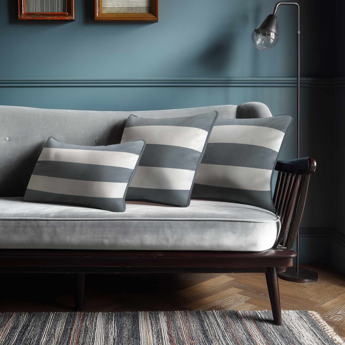 3 Stripes Horizontal with Piping | Sustainable Velvet Rectangle Cushion - French Grey 50 x 30 cm by Izabela Peters