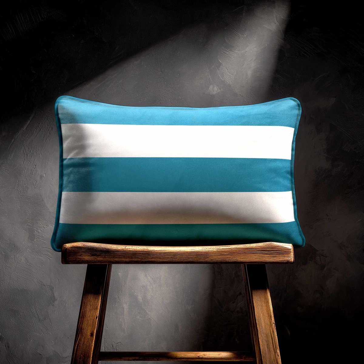 3 Stripes Horizontal with Piping | Sustainable Velvet Rectangle Cushion - Prussian Blue 50 x 30 cm by Izabela Peters