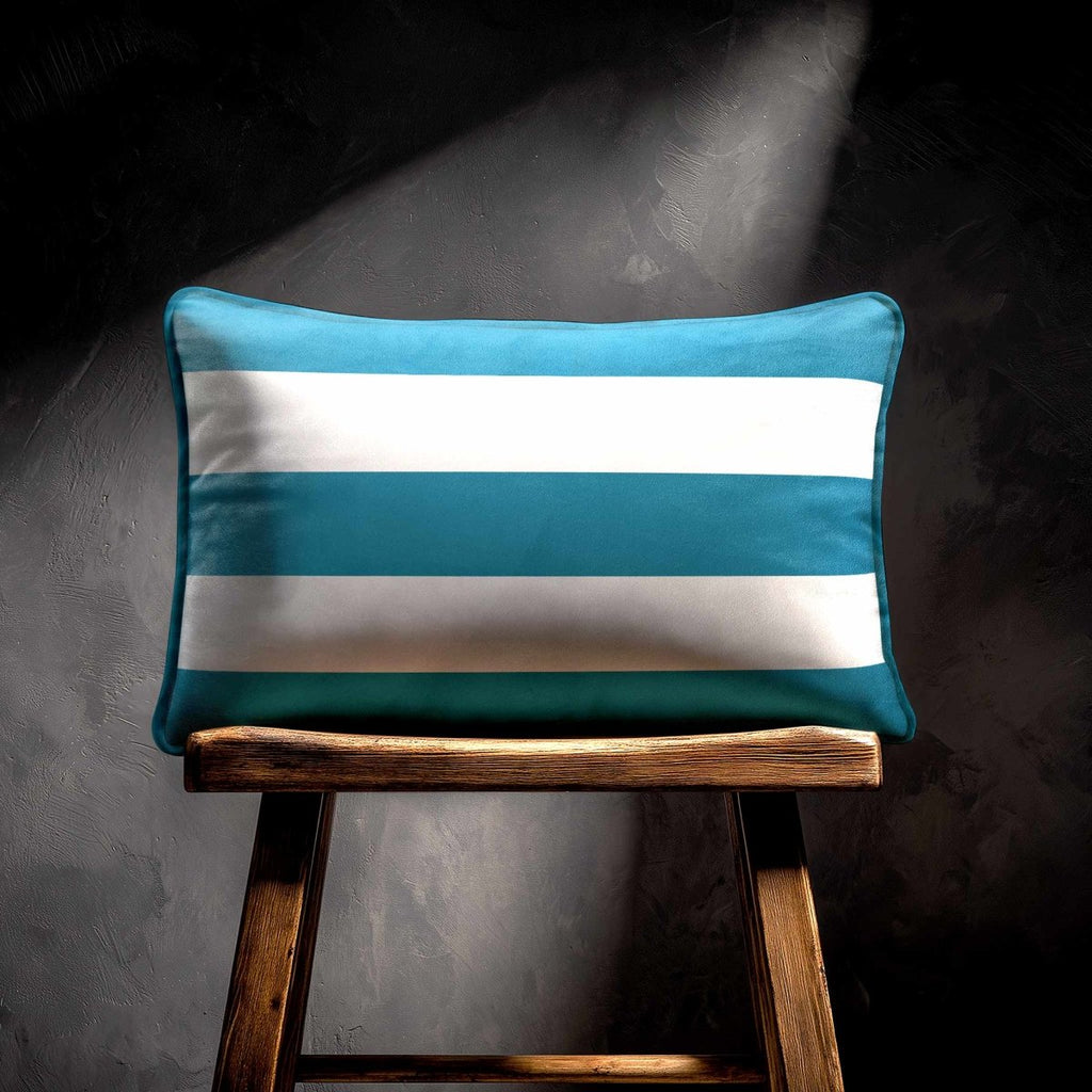 3 Stripes Horizontal with Piping | Sustainable Velvet Rectangle Cushion - Prussian Blue 50 x 30 cm by Izabela Peters