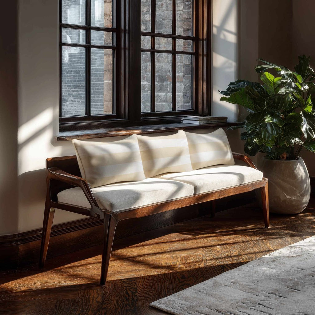 3 Stripes Horizontal with Piping | Sustainable Velvet Rectangle Cushion - Ivory Cream 50 x 30 cm by Izabela Peters