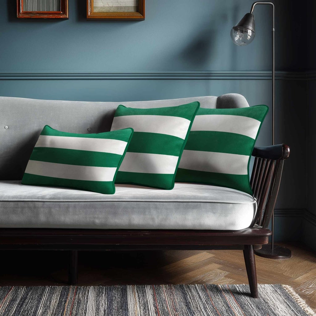 3 Stripes Horizontal with Piping | Sustainable Velvet Rectangle Cushion - Emerald Green 50 x 30 cm by Izabela Peters