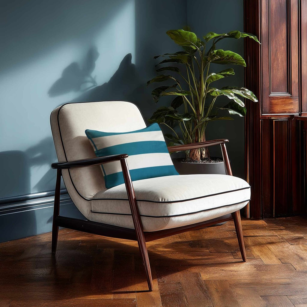 3 Stripes Horizontal with Piping | Sustainable Velvet Rectangle Cushion - Prussian Blue 50 x 30 cm by Izabela Peters