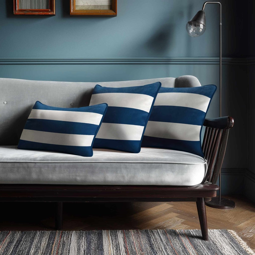 3 Stripes Horizontal with Piping | Sustainable Velvet Rectangle Cushion - Estate Blue 50 x 30 cm by Izabela Peters