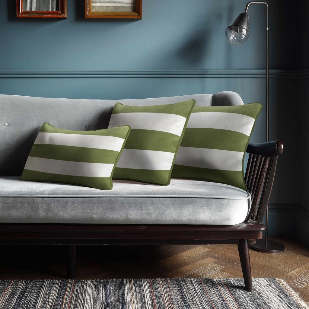 3 Stripes Horizontal with Piping | Sustainable Velvet Rectangle Cushion - Sage 50 x 30 cm by Izabela Peters