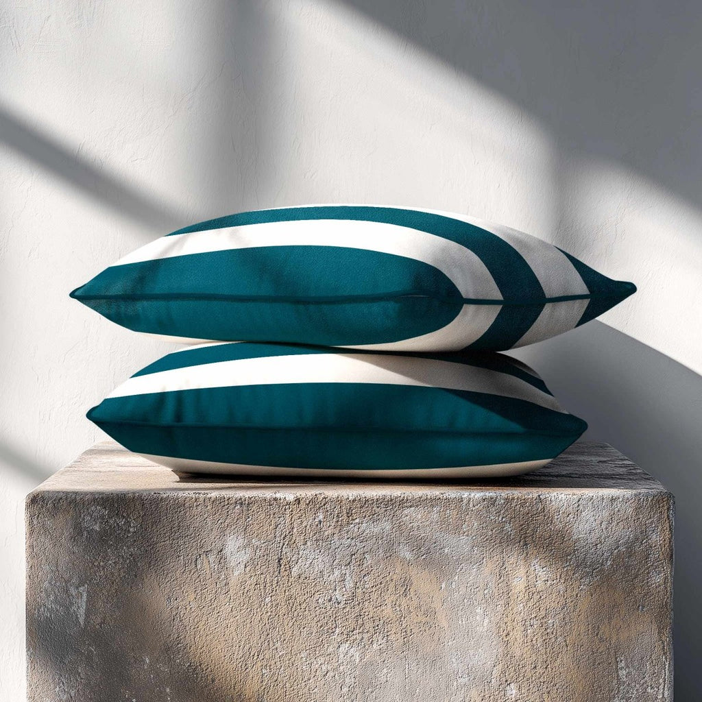 3 Stripes Horizontal with Piping | Sustainable Velvet Rectangle Cushion - Teal 50 x 30 cm by Izabela Peters