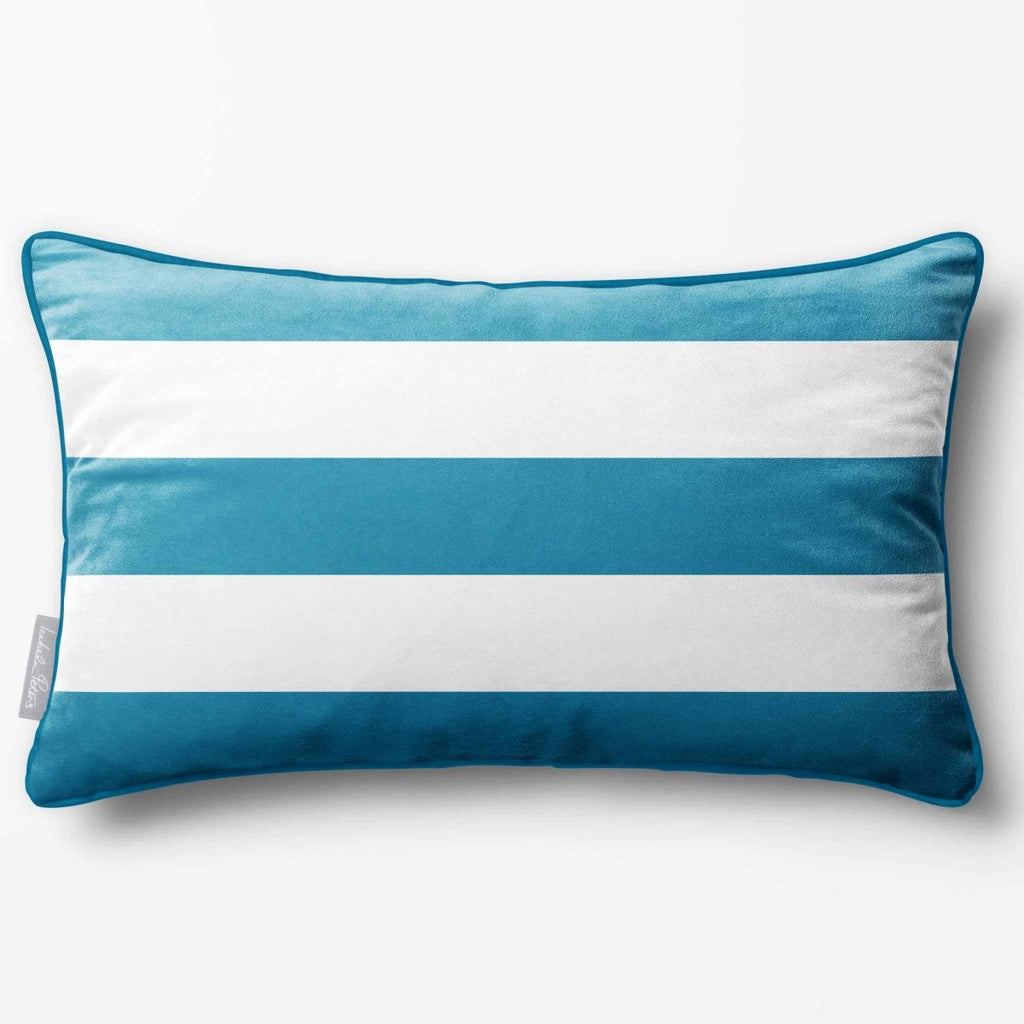 3 Stripes Horizontal with Piping | Sustainable Velvet Rectangle Cushion - Prussian Blue 50 x 30 cm by Izabela Peters