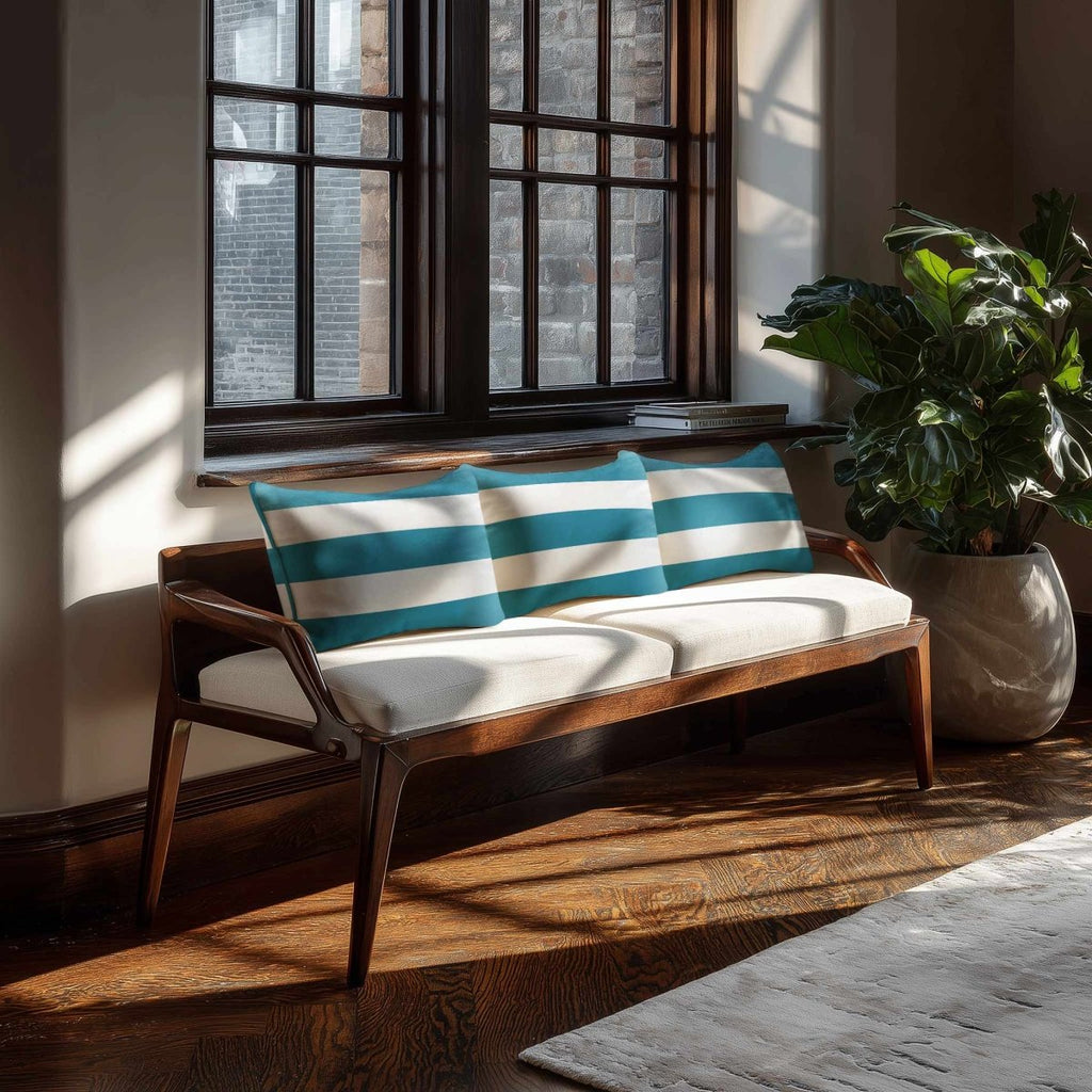 3 Stripes Horizontal with Piping | Sustainable Velvet Rectangle Cushion - Prussian Blue 50 x 30 cm by Izabela Peters