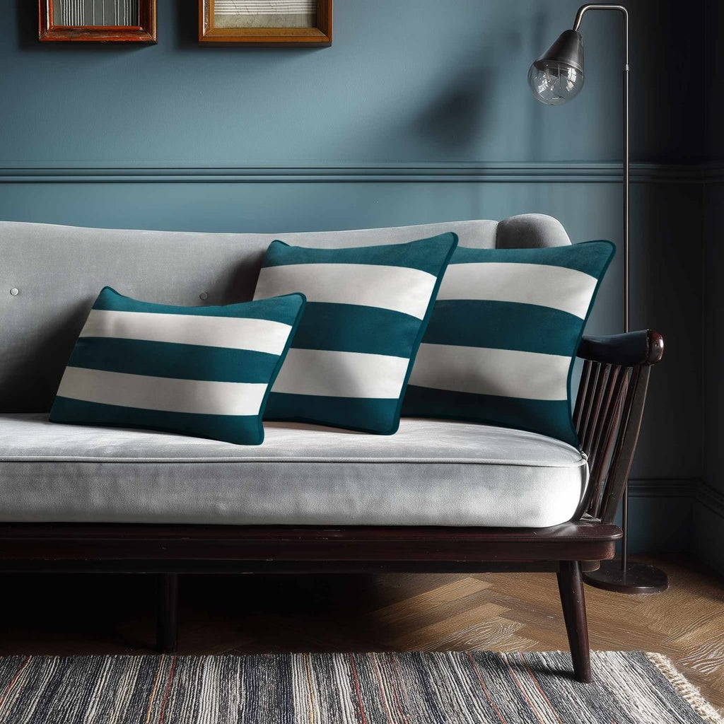 3 Stripes Horizontal with Piping | Sustainable Velvet Rectangle Cushion - Teal 50 x 30 cm by Izabela Peters