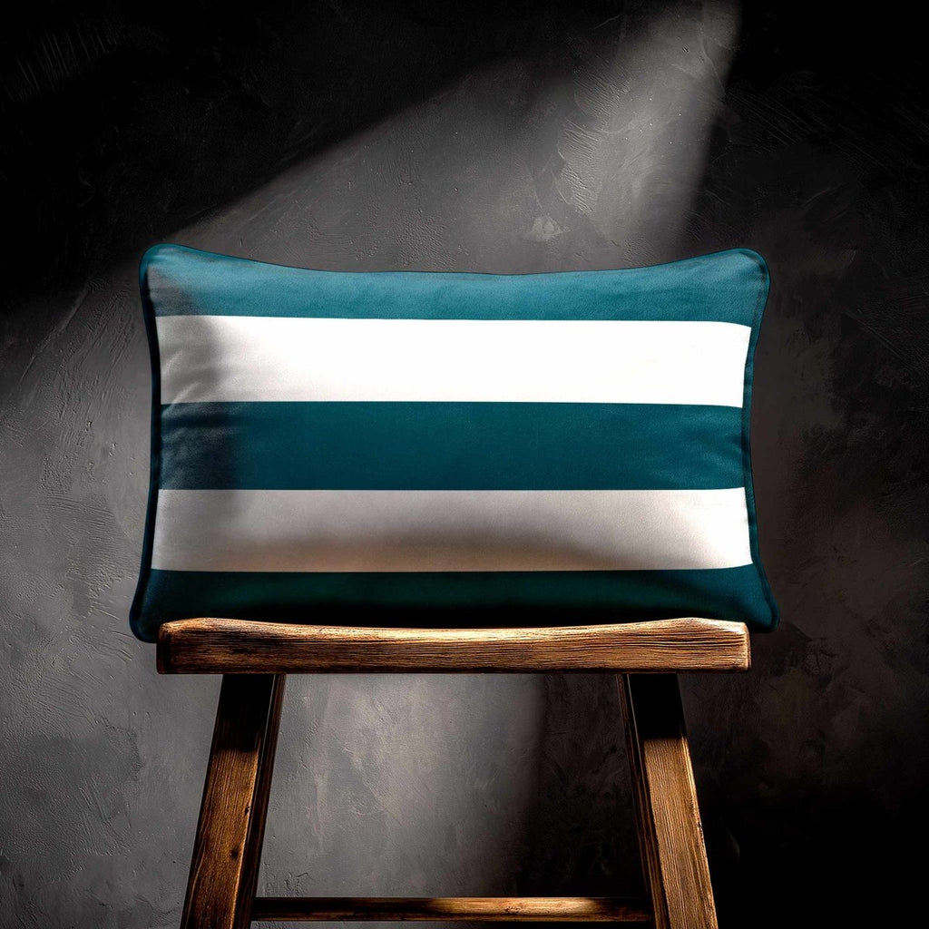 3 Stripes Horizontal with Piping | Sustainable Velvet Rectangle Cushion - Teal 50 x 30 cm by Izabela Peters