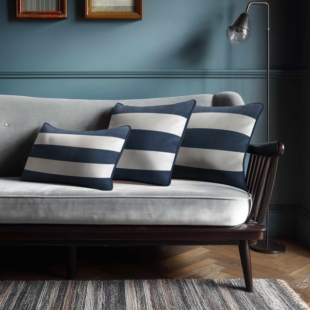 3 Stripes Horizontal with Piping | Sustainable Velvet Rectangle Cushion - Petrol Blue 50 x 30 cm by Izabela Peters