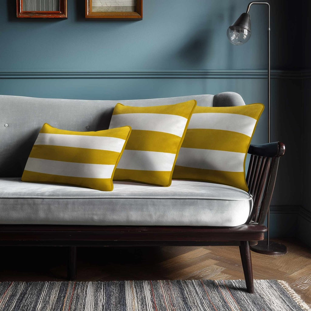 3 Stripes Horizontal with Piping | Sustainable Velvet Rectangle Cushion - Mustard Ochre 50 x 30 cm by Izabela Peters