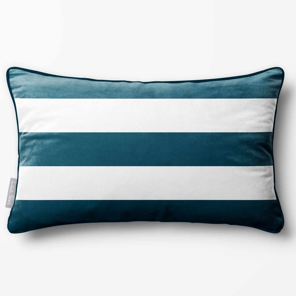 3 Stripes Horizontal with Piping | Sustainable Velvet Rectangle Cushion - Teal 50 x 30 cm by Izabela Peters