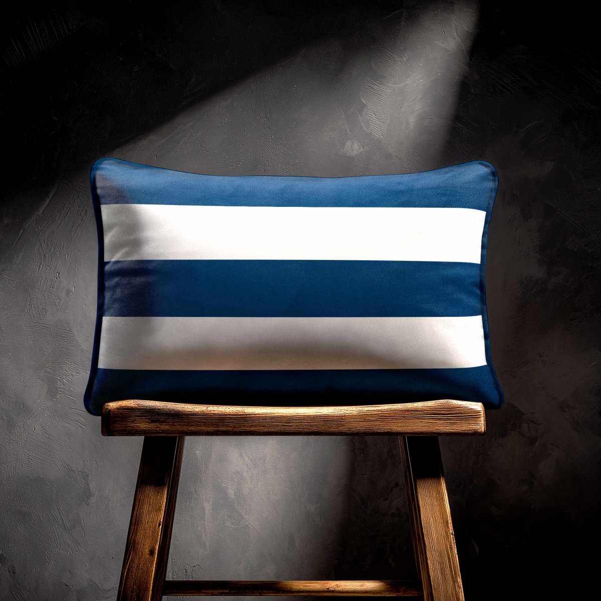 3 Stripes Horizontal with Piping | Sustainable Velvet Rectangle Cushion - Estate Blue 50 x 30 cm by Izabela Peters