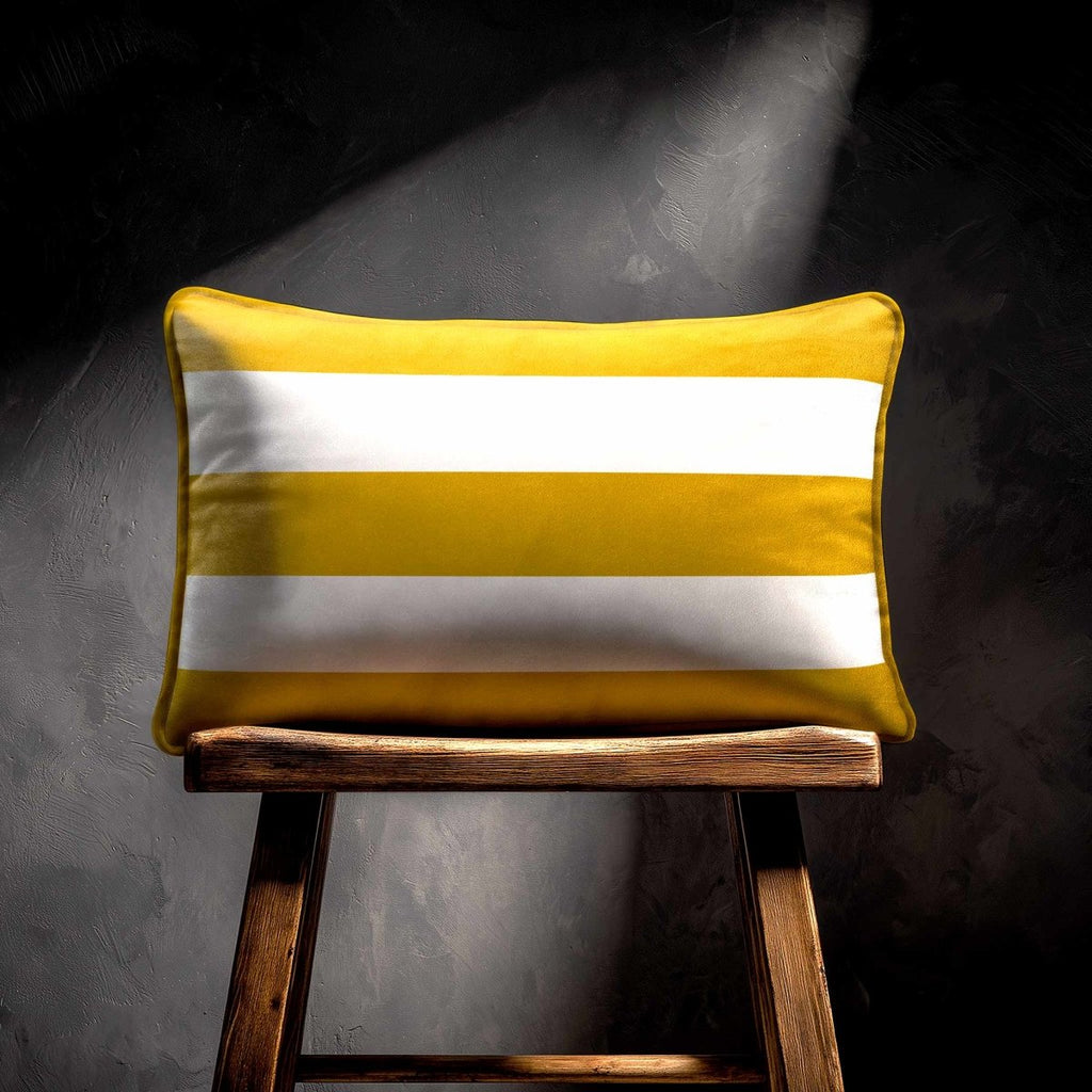 3 Stripes Horizontal with Piping | Sustainable Velvet Rectangle Cushion - Mustard Ochre 50 x 30 cm by Izabela Peters