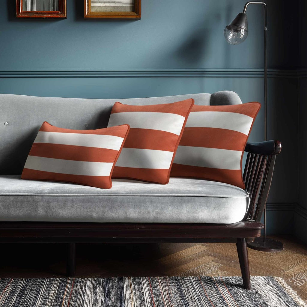3 Stripes Horizontal with Piping | Sustainable Velvet Rectangle Cushion - Burnt Ochre 50 x 30 cm by Izabela Peters