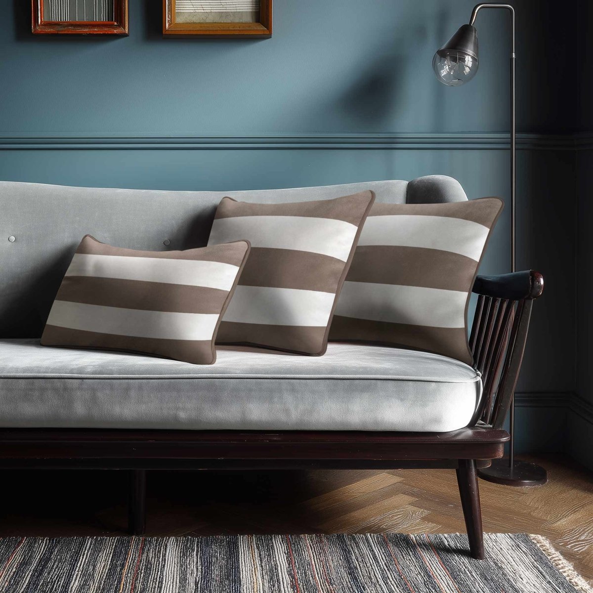 3 Stripes Horizontal with Piping | Sustainable Velvet Rectangle Cushion - Dovedale Stone 50 x 30 cm by Izabela Peters