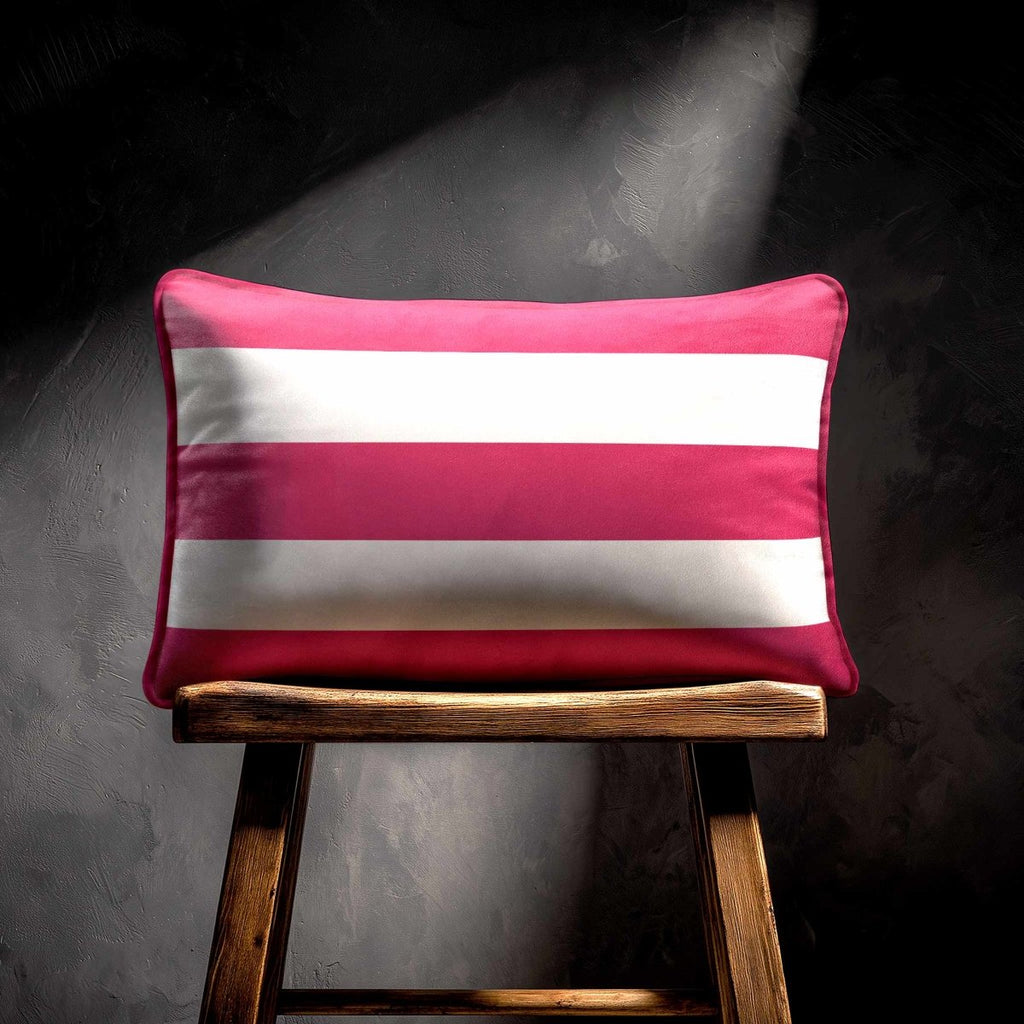 3 Stripes Horizontal with Piping | Sustainable Velvet Rectangle Cushion - Hot Pink 50 x 30 cm by Izabela Peters