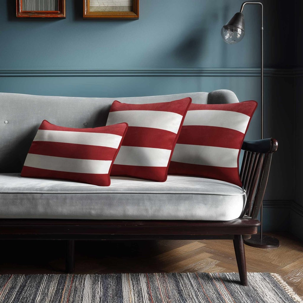 3 Stripes Horizontal with Piping | Sustainable Velvet Rectangle Cushion - Crimson Muse 50 x 30 cm by Izabela Peters