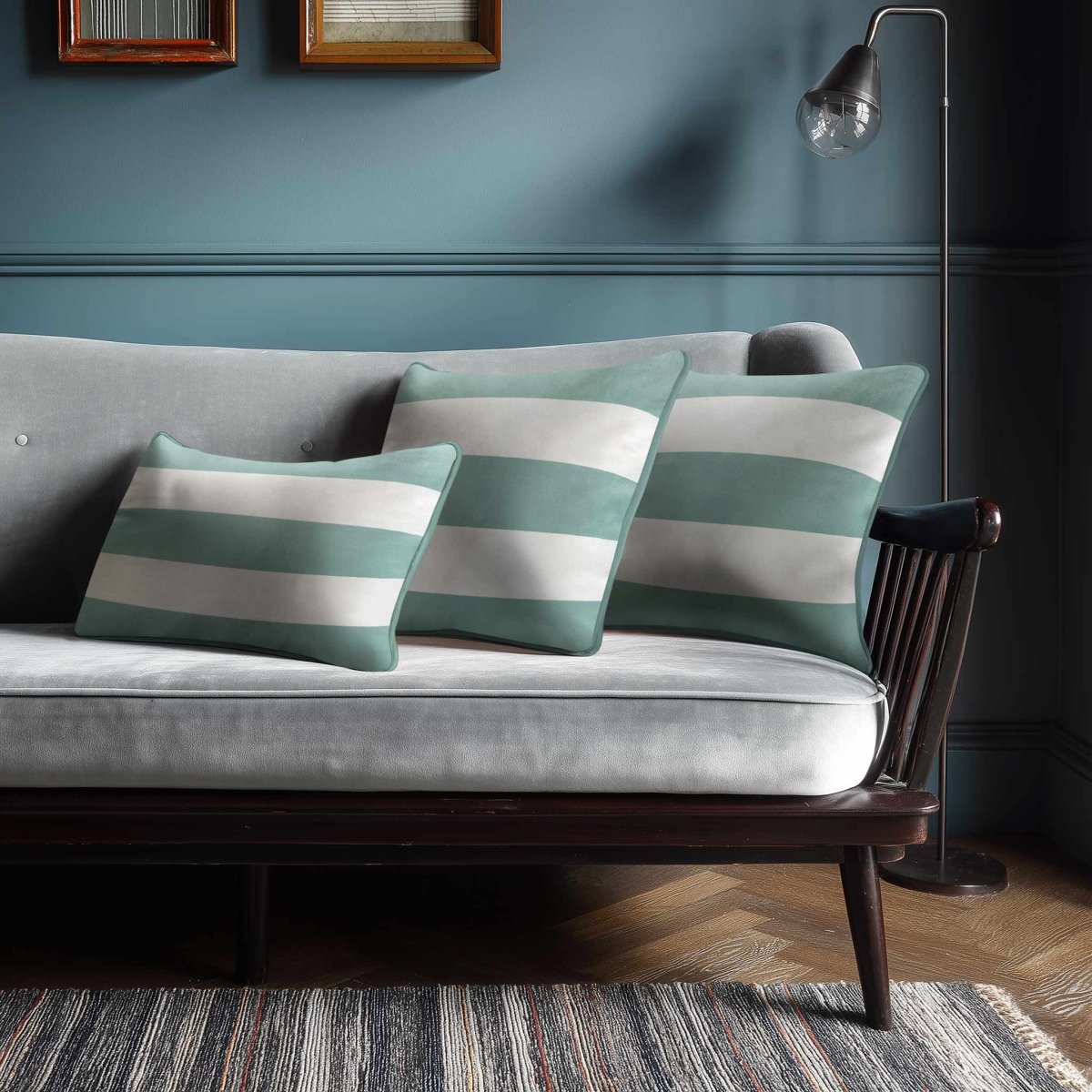 3 Stripes Horizontal with Piping | Sustainable Velvet Rectangle Cushion - Blue Surf 50 x 30 cm by Izabela Peters