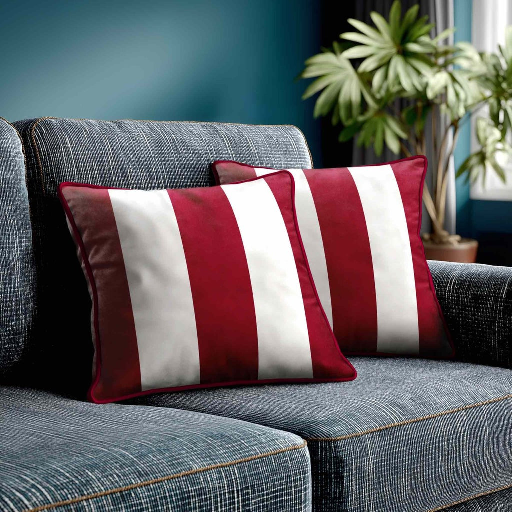 3 Stripes | Sustainable Velvet Cushion with Piping - Raspberry Red 40 x 40 cm by Izabela Peters