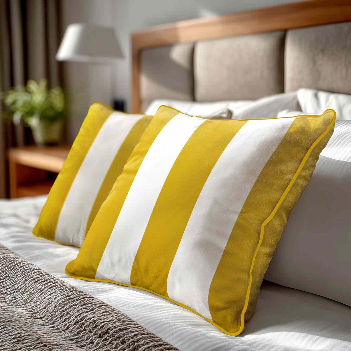 3 Stripes | Sustainable Velvet Cushion with Piping - Mustard Ochre 40 x 40 cm by Izabela Peters