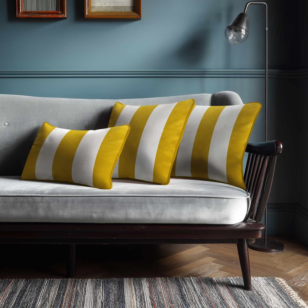 3 Stripes with Piping | Sustainable Velvet Rectangle Cushion - Mustard Ochre 50 x 30 cm by Izabela Peters