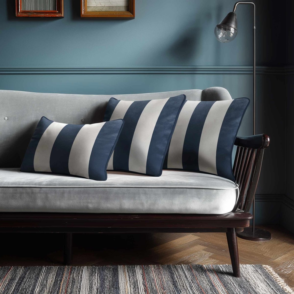 3 Stripes with Piping | Sustainable Velvet Rectangle Cushion - Petrol Blue 50 x 30 cm by Izabela Peters