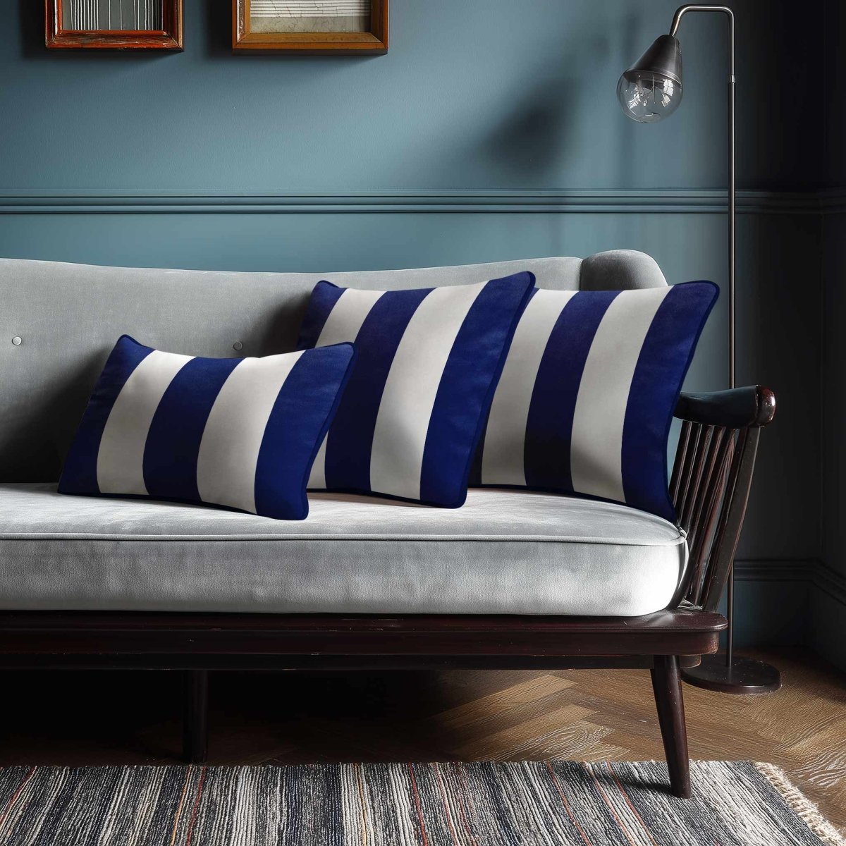 3 Stripes with Piping | Sustainable Velvet Rectangle Cushion - Midnight 50 x 30 cm by Izabela Peters