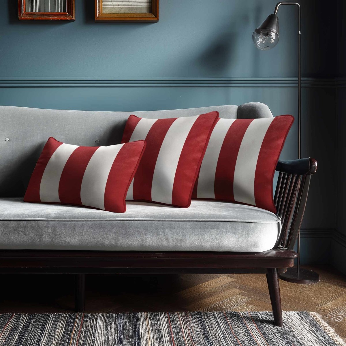 3 Stripes with Piping | Sustainable Velvet Rectangle Cushion - Crimson Muse 50 x 30 cm by Izabela Peters