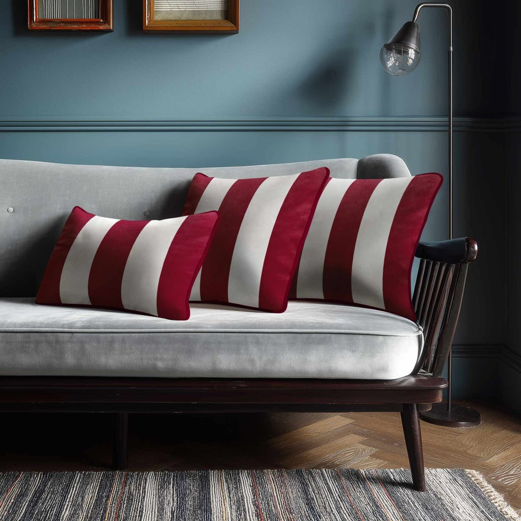 3 Stripes with Piping | Sustainable Velvet Rectangle Cushion - Raspberry Red 50 x 30 cm by Izabela Peters
