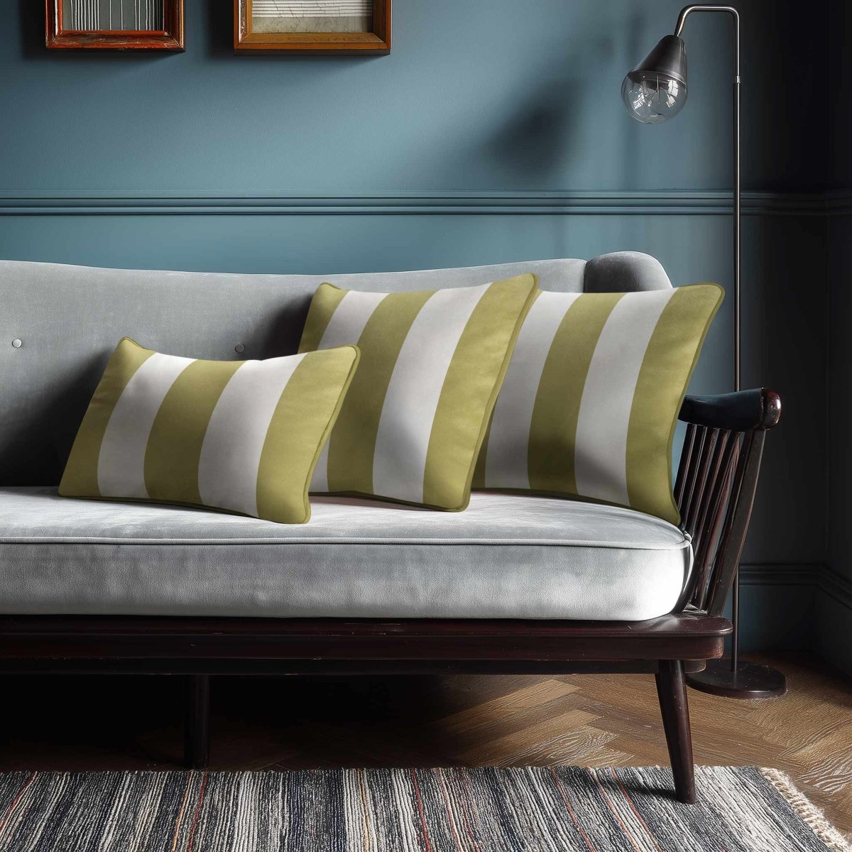 3 Stripes with Piping | Sustainable Velvet Rectangle Cushion - Golden Lime 50 x 30 cm by Izabela Peters