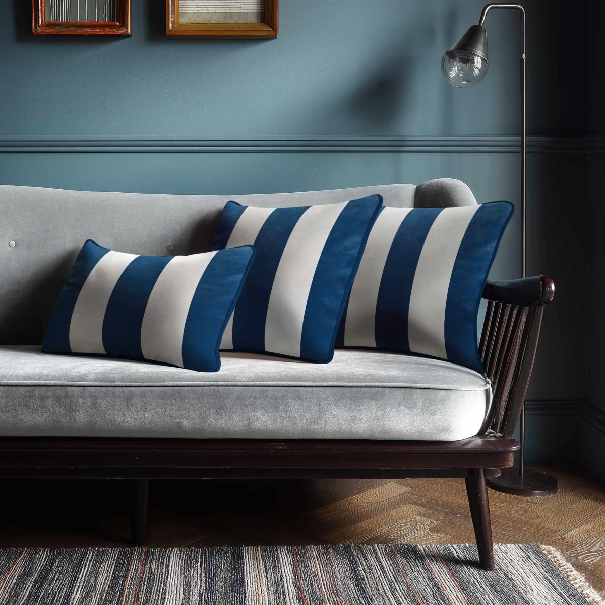 3 Stripes with Piping | Sustainable Velvet Rectangle Cushion - Estate Blue 50 x 30 cm by Izabela Peters