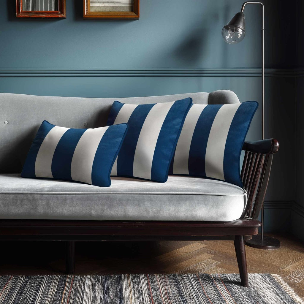 3 Stripes with Piping | Sustainable Velvet Rectangle Cushion - Estate Blue 50 x 30 cm by Izabela Peters