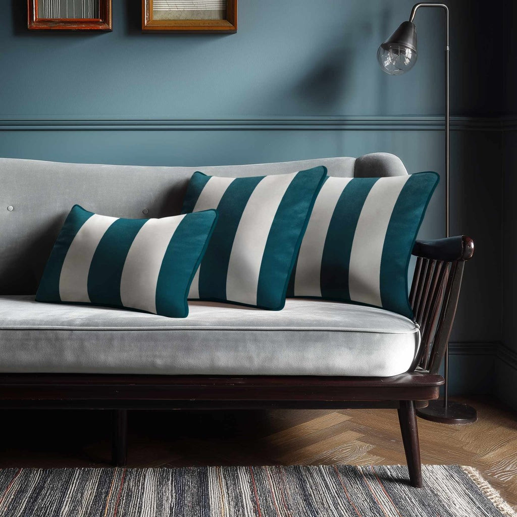 3 Stripes with Piping | Sustainable Velvet Rectangle Cushion - Teal 50 x 30 cm by Izabela Peters