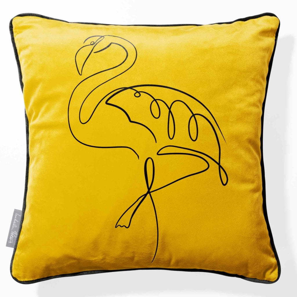 Abstract Flamingo | Sustainable Velvet Cushion - Mustard Ochre 40 x 40 cm Piped by Izabela Peters