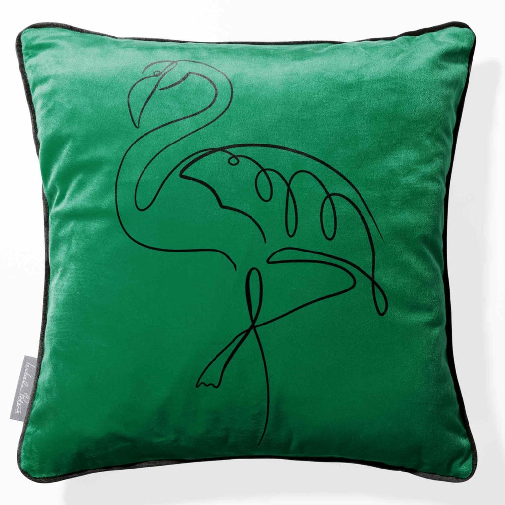 Abstract Flamingo | Sustainable Velvet Cushion - Emerald Green 40 x 40 cm Piped by Izabela Peters