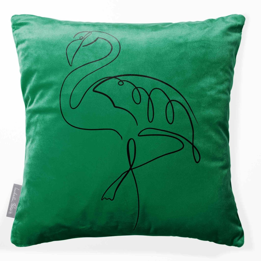 Abstract Flamingo | Sustainable Velvet Cushion - Emerald Green 40 x 40 cm Standard by Izabela Peters