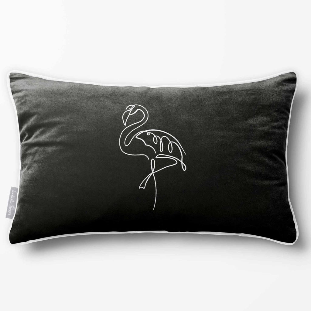 Abstract Flamingo | Sustainable Velvet Rectangle Cushion - Black & White 50 x 30 cm Piped by Izabela Peters