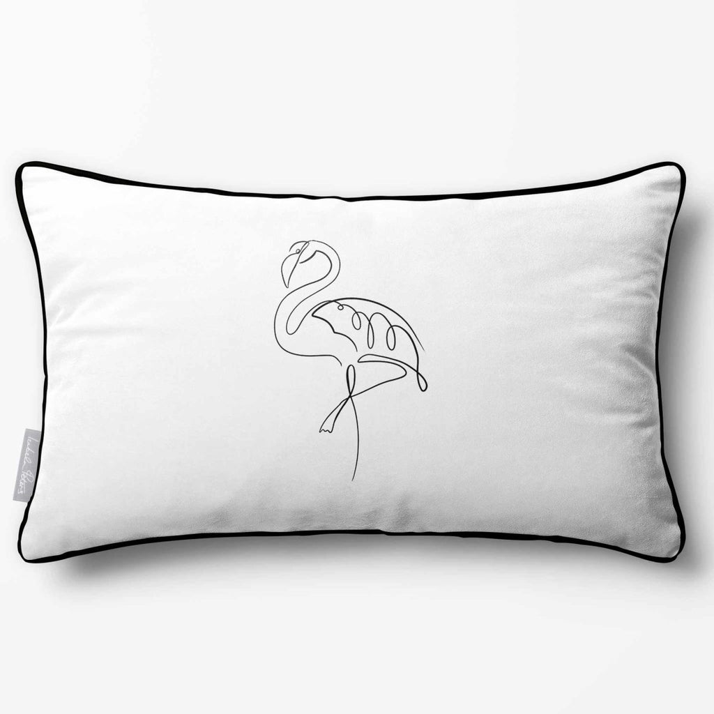 Abstract Flamingo | Sustainable Velvet Rectangle Cushion - White & Black 50 x 30 cm Piped by Izabela Peters