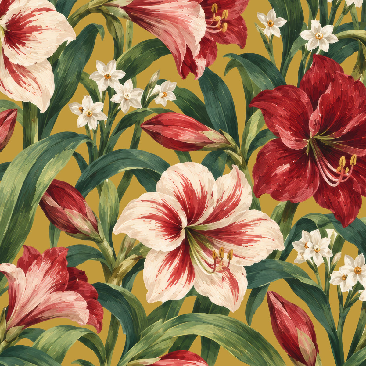 Amaryllis Christmas table runner print in gold