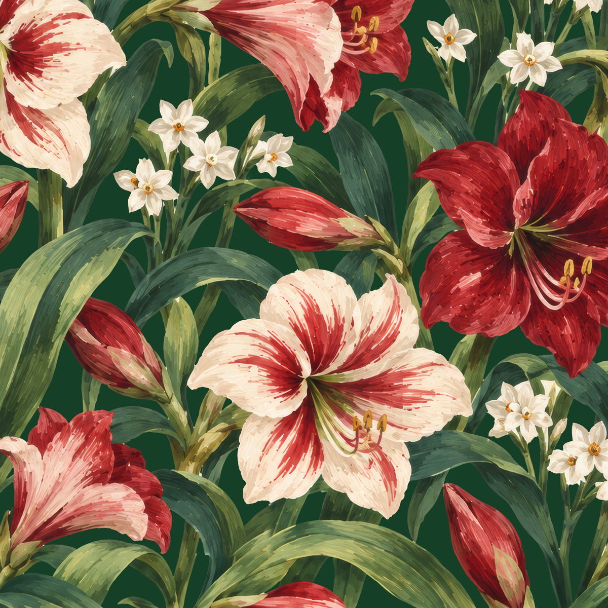 Amaryllis Christmas table runner print in green